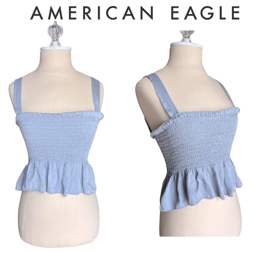 American Eagle Don’t Ask Why Blue Smocked Peplum Ruffle Hem Sleeveless Crop Cami